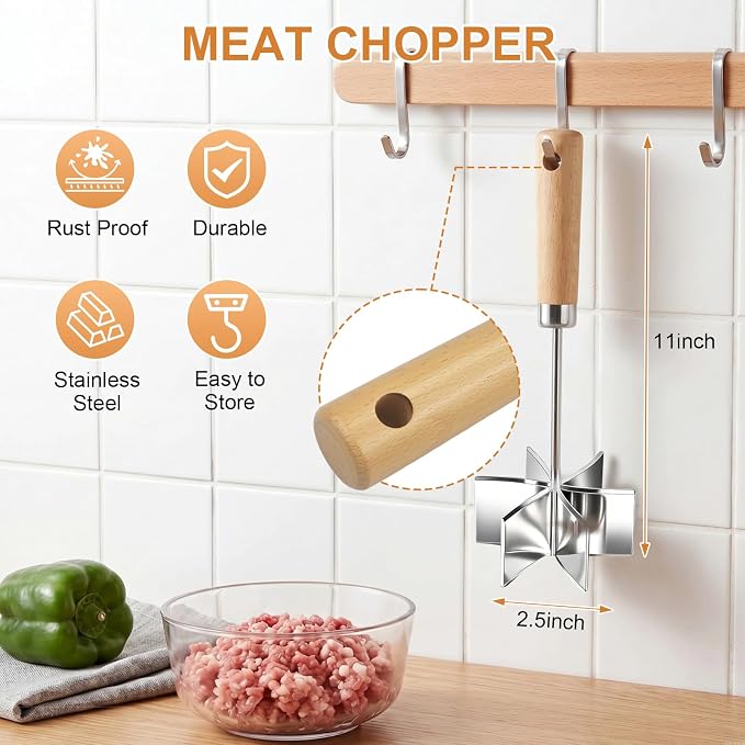 Stainless Steel Meat Chopper, 6 Curve Blades Beef Masher with Wooden Handle | 11 Inch Potato fruits Masher and tenderizes meat Hamburger Smasher, Mix and Chop Kitchen Tool for Taco Meat