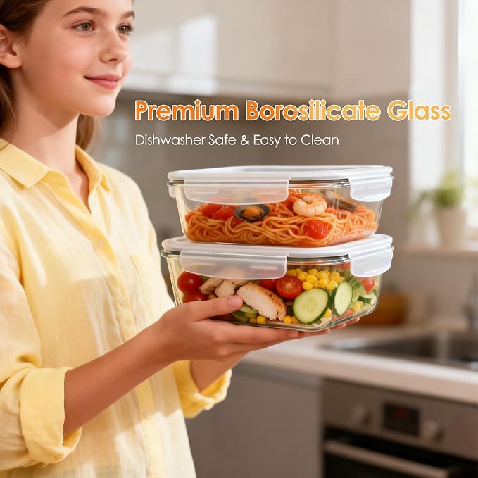 2 Pack 78oz/9.8 CUPS Large Glass Storage Containers with Lids | Meal Prep Food Container Set, Airtight Leakproof Snap Lids, For Family Meal Prep, Baking