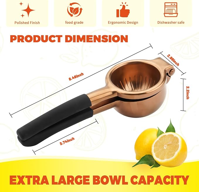 SHIKORI Lemon Squeezer, Large Heavy Duty Handhelp Juicer for Lemon, Stainless Steel Hand Press Citrus Juicer, Lime Squeezer Bar Tool, Manual Citrus Press (Rose Gold)