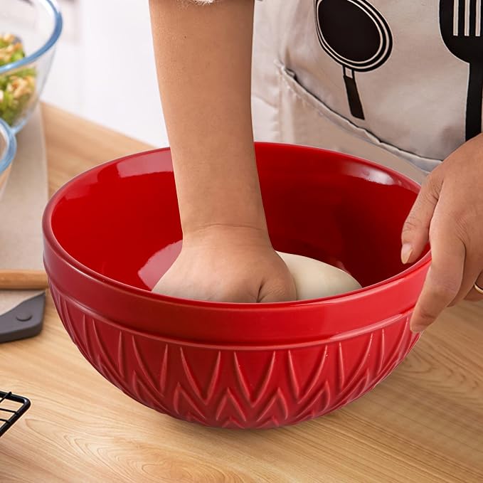 AVLA Porcelain Mixing Bowls for Kitchen, 3/1.8/1.2 Qt Ceramic Large Serving Salad Soup Bowl Set, Deep Nesting Bowl for Space Saving, 3-Piece Set, Microwave and Dishwasher Safe, Red