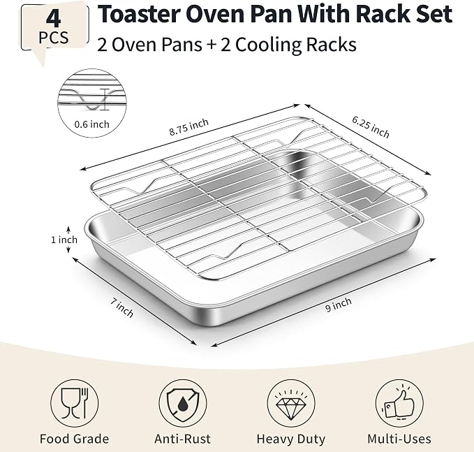 TeamFar Stainless Steel Toaster Oven Pan with Rack Set, 9"x7"x1" | 2 Pans + 2 Racks, Toaster Oven Baking Pan Tray with Cooling Rack for Cooking, Non-Toxic & Rust Proof, Dishwasher Safe