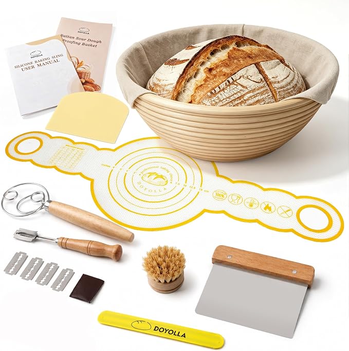 DOYOLLA Bread Proofing Basket Set, Sour Dough Tools with Silicone Bread Sling, Sourdough Starter Kit, Baking Gifts, Bread Making Kit (Round,8.5 inch)