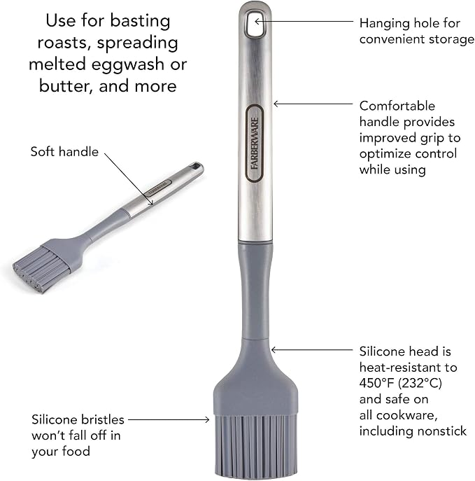 Farberware Pro Silicone Basting Brush, 11 Inch Pastry Brush for Basting Roasts, Spreading Butter on Breads and Pastries, Heat-Resistant to 450 Degrees F, Dishwasher Safe, Stainless Steel Handle