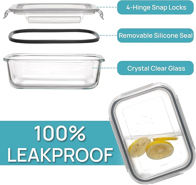 Vtopmart 5 Pack 35oz Glass Food Storage Containers with Lids, Grey | Meal Prep Containers, Airtight Reusable Lunch Container Set, Safe for Oven, Microwave, Freezer, and Dishwasher, BPA Free