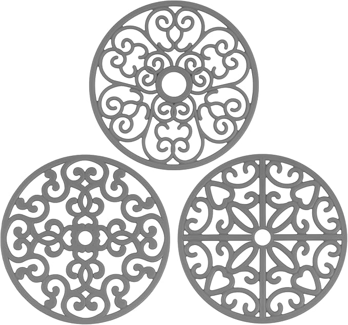 3PCS Heat Resistant Silicone Trivet Mats for Hot Dishes, Gray | Flexible, Non-Slip, Modern Kitchen Trivets Protects Table & Countertop, For Teapots Pans Bowls, Daily Kitchen Use