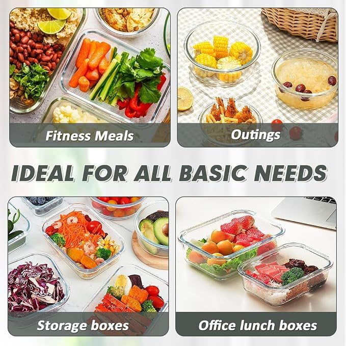 VERONES 12 Packs Glass Food Storage Containers Set with Lids, Grey | Airtight Glass Lunch Containers, Glass Meal Prep Containers with Lids, for Microwave, Oven, Freezer & Dishwasher Friendly
