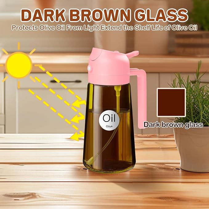 YARRAMATE 2Pcs 16oz/470ml Dark Brown Oil Sprayer for Cooking with Stickers, Food-grade Premium 2 in 1 Olive Oil Dispenser Bottle for Kitchen Gadgets, Air Fryer, Salad, Frying, BBQ (Pink&Black)