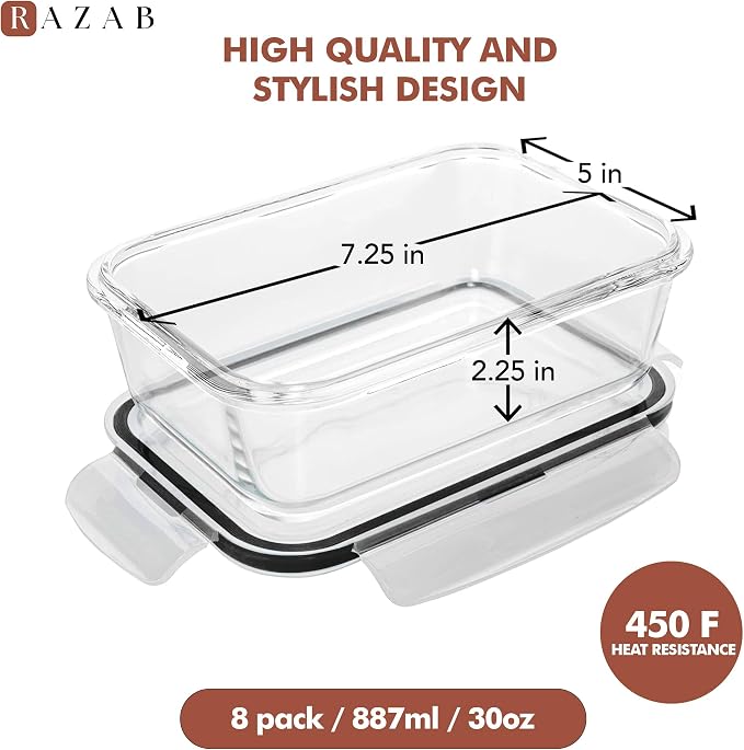 Razab 16 Pc (Set of 8) 30 Oz Glass Meal Prep Containers with Lids, Airtight Large Glass Food Storage Containers, Reusable Leak Proof BPA Free, Freezer to Oven and Dishwasher Safe