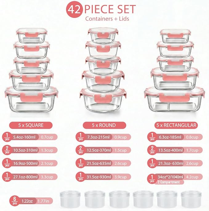 AMALEKO 42pcs Glass Food Storage Containers with Lids Set, 21 Containers & 21 Lids Glass Meal Prep Containers with Snap Locking Lid Set, Leak Proof Lunch Container BPA-Free,Pink