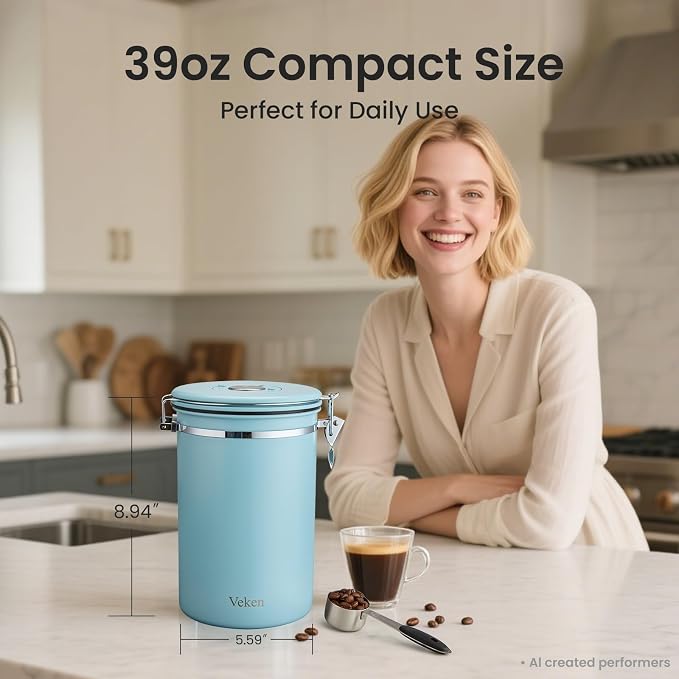 Veken Coffee Canister,39OZ, 2.2lbs,Large Airtight Stainless Steel Container | Kitchen Food Storage Jars for Beans, Ground, Espresso, Rice,Tea, Sugar, Cereal, Cookie, Gifts, Lids, Scoop, Blue