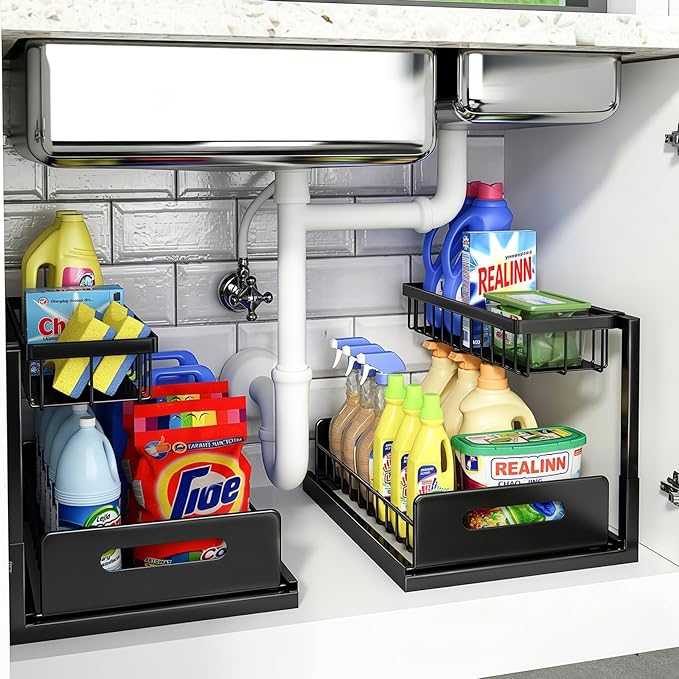 Under Sink Organizer, L-Shaped 2 Tier Pull Out Cabinet Organizer | For Kitchen and Bathroom, Slide Out Under Cabinet Storage, Metal Under Sink Storage with Sliding Drawer, 50 lbs, Black 2 Pack