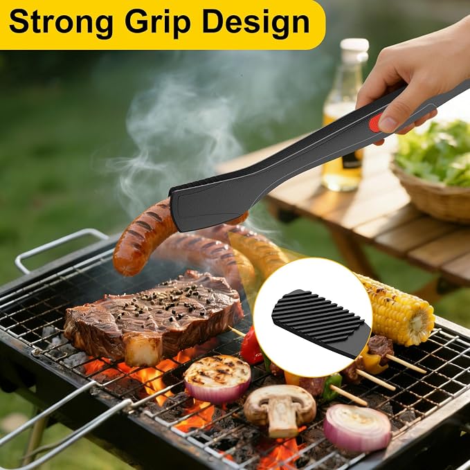 Beijiyi Kitchen Tongs for Cooking, 9" & 12" Set, Silicone Cooking Tongs with Silicone Tip for Nonstick Cookware, 600°F Heat Resistant, Stainless Steel Core, Great for Grilling and Serving Food (Black)