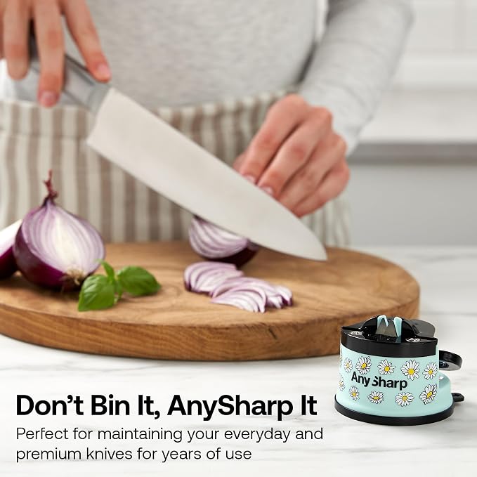 AnySharp – Editions – Hands Free Knife Sharpener - Easy to Use Sharpening Tool with PowerGrip Suction Base and 20-Degree Pre-Set Angle - for All Knives: Chef's, Serrated, and Hardened Steel - Daisy