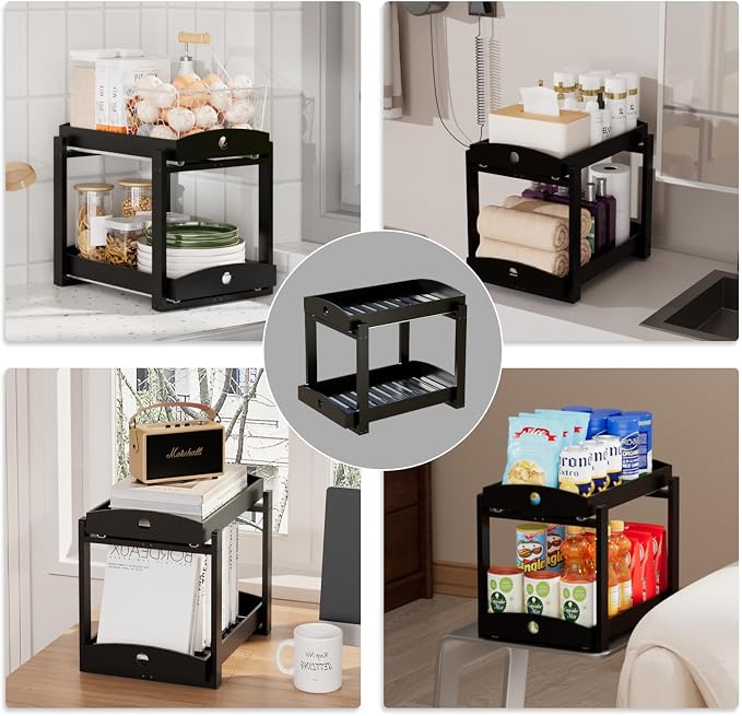 2 Pack Bamboo Under Sink Organizer, 2-Tier Pull-Out Drawers, Kitchen & Bath | Pull-out drawers keep cleaners and tall bottles visible, organized and easy to reach in kitchen or bathroom cabinets