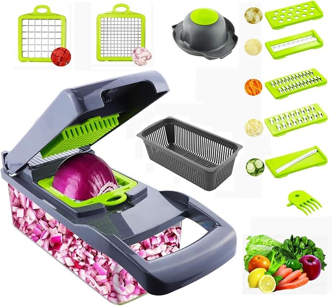 Vegetable Chopper with Container & Lid - 12-in-1 Adjustable Mandoline Slicer & Dicer for Kitchen | Effortless Food Prep for Potato, Carrot, Onion, Fruits & More | Easy to Clean & Store (Grey)