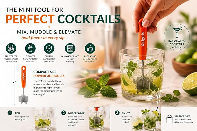 Stainless Steel Mini Meat Chopper & Cocktail Muddler| 6-Blade Chopper Tool | Small Smasher | Compact Ergonomic Handle | Dishwasher Safe - 7" (Retro Orange Mini)