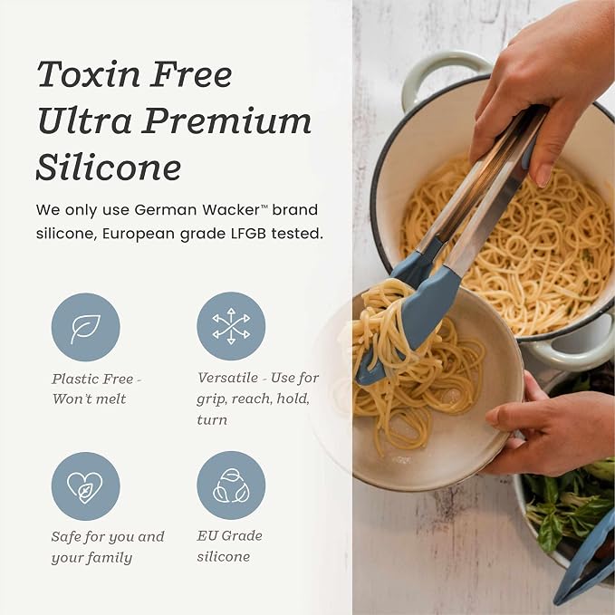 Starpack Get a Grip Silicone Kitchen Tongs (9 Inch) - LFGB Non Toxic, 600°F Heat Resistant, BPA-Free - Heavy-Duty Stainless Steel, Locking - Dishwasher Safe for Nonstick Cookware Light Blue