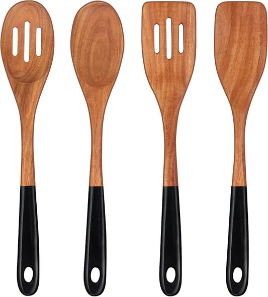 14 Inch Large Wooden Spoons for Cooking Utensils Set Acacia Wood Spatula Slotted Spoon Best Non Toxic Kitchen Utensil Long Mixing Spoon Spatulas Turner Stirring Serving Spoons Kitchen Use Tools