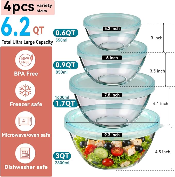 YUANYE 4 Pack Glass Mixing Bowls with Lids Set (3QT/1.7/0.9/0.6QT),Thick Glass Large Salad Bowl Set, Nesting Kitchen Bowls for Serving, Prepping, Cooking and Baking, Dishwasher, Oven,Microwave Safe