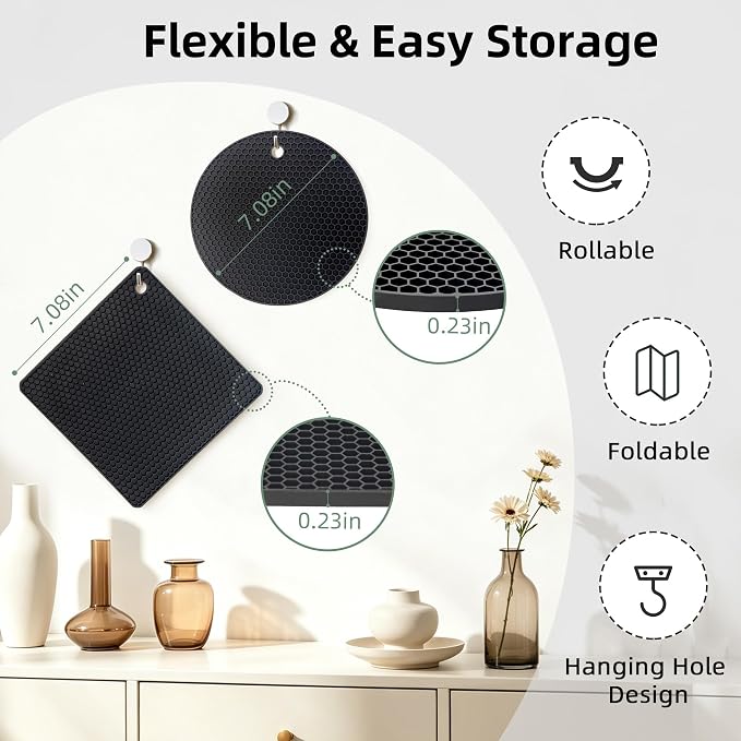 TWTLi Silicone Trivets for Hot Dishes, Set of 4 Trivet Mats, Heat Resistant Hot Pads for Kitchen Countertops, Non-Slip Honeycomb Pot Holders & Counter Protectors for Hot Pots & Pans (Black)