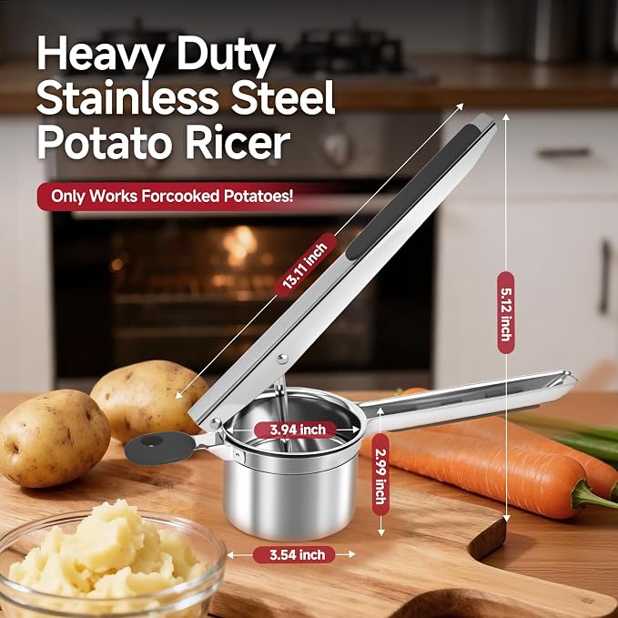 Potato Ricer for Mashed Potatoes-Stainless Steel 15oz | Large Capacity,All Clad,Heavy Duty,Ergonomic Handle for Spaetzle,Oranges, Lemons, Pumpkins, Carrots, Avocados(BLACK)