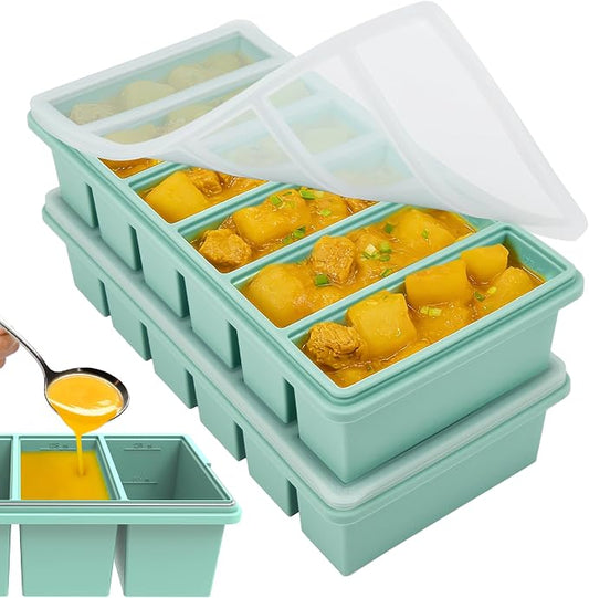 1/2 Cup Silicone Freezer Molds with Lid, Soup Container Style Ice Cube Trays for Freezer - Reinforced Steel Ring Top for freezing Soup Sauce Broth Leftovers, Dishwasher & Oven Safe, BPA Free 2 Pack