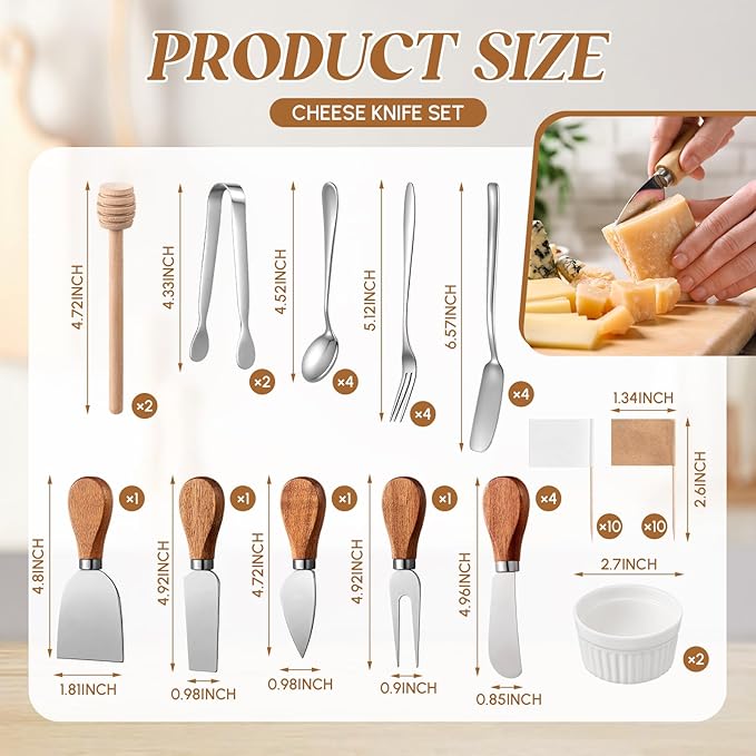 Hushee 46 Pcs Charcuterie Boards Accessories with Magnetic Acacia Wood Holder Wooden Cheese Knife Set for Wood Handle Knives for Cheese Knife Slicer with Tongs, Spoons, Forks, Honey Dipper (Style 3)