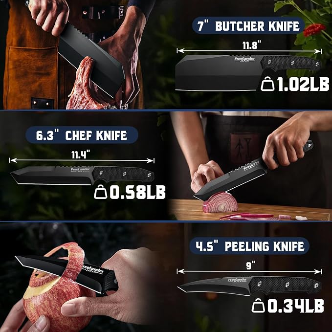 Freelander 3PCS Butcher Knife Set for Meat Cutting, Sharp Chef Knife Set Dishwasher Safe with Roll Bag, Full Tang BBQ Knifes with Leather Sheath, Gifts for Men Women