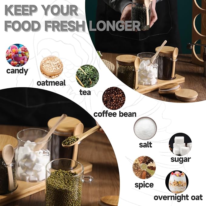 Glass Spice Storage Container with Spoon, 3PCS 20oz Airtight Sealed Condiment Jar with Tray, Kitchen Pantry Seasoning Canister Set for Salt Coffee Sugar Tea & Bathroom Cotton Swab Ball