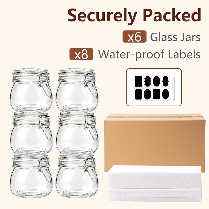 6 Pack 17oz Glass Jars with Airtight Lids, Wide Mouth Glass Storage Jars | Mason jar, Small Airtight Food Storage Containers for Kitchen Pantry Organization, Jams, Nuts, Snacks, Spices, Coffee&Pickles
