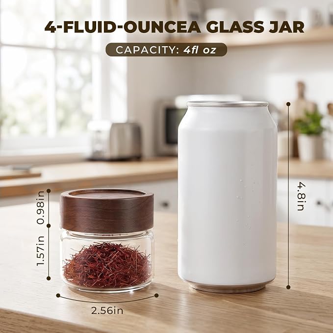6 Pack 4 oz Glass Jars with Lids, Small Mason Jars with Airtight Acacia Wood Lid, Mini Glass Spice Jars for Kitchen Pantry Organization, 4oz Small Containers for Coffee Sugar Tea & Candy