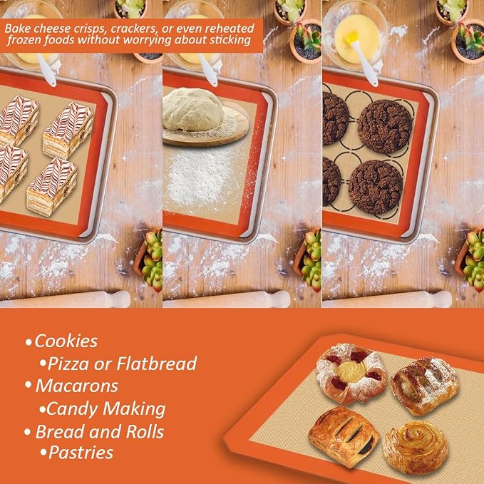 Non-Stick Silicone Baking Mats (Orange, 3-Pack)