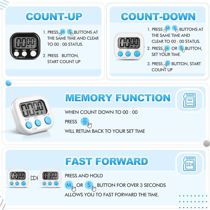 Xuhal 12 Pieces Digital Kitchen Timer Bulk, Small Magnetic Timers for Classroom, Digits Stopwatch Clock Timer for Cooking Baking Sports Games Office, Not Including Battery (Black,White)