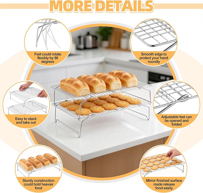 P&P CHEF 4 Tier Stackable Cooling Racks for Cooking and Baking, 15" x 10" | Stainless Steel Stackable Grid Cooling Rack for Cooling Roasting Grilling, Collapsible & Heavy Duty, Oven & Dishwasher Safe