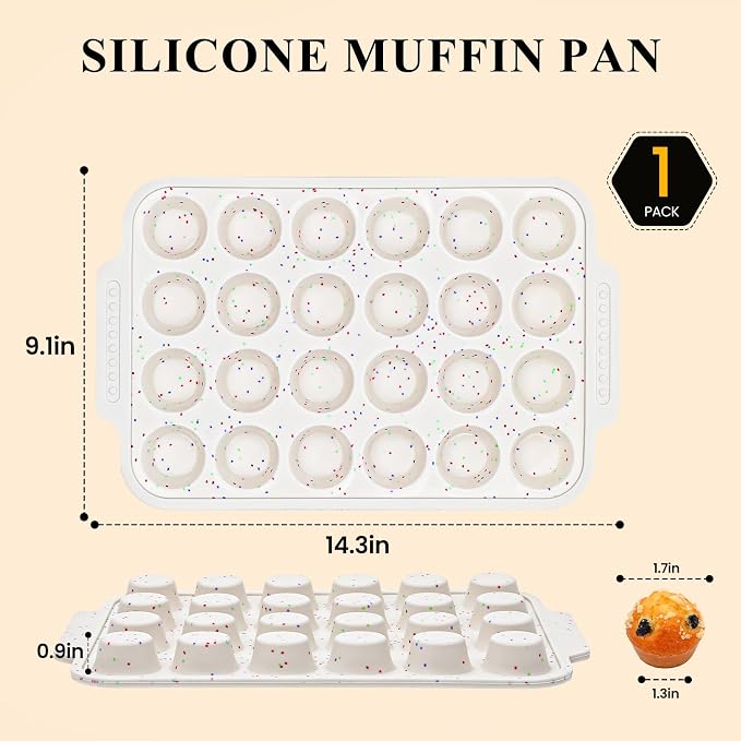 Vinino Silicone Mini Muffin Pan for Baking with Reinforced Frame, BPA Free | 24 Cup Mini Cupcake Pan with Non-Slip Handle, Nonstick Food Grade Silicone Muffin Tray for Oven, Dishwasher Safe, Cream