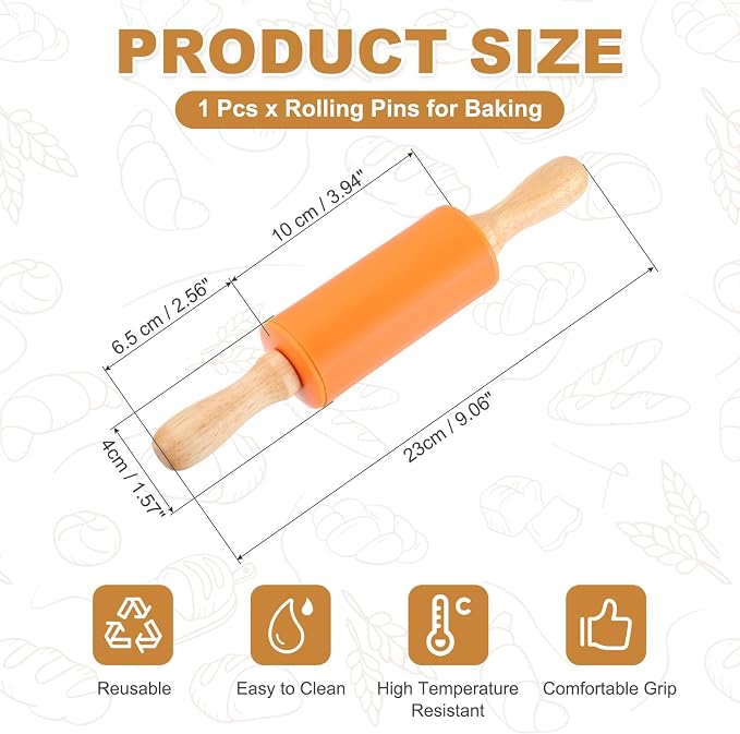 uxcell Rolling Pins for Baking, 9 Inch Silicone Non-Stick Rolling Pin Baking Roller Wooden Handle for Home Kitchen Dough Cookies Pastry, Orange