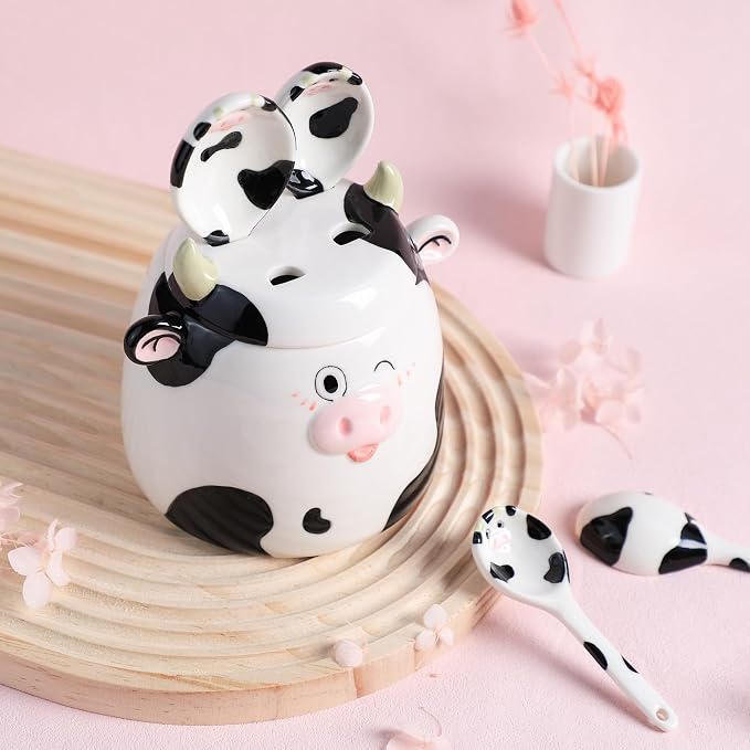 Ceramic Cow Pattern Measuring Spoons Set for Dry or Liquid with Measuring Cup Set, 4 PCS Kitchen Measuring Baking Spoons Cooking Measuring Spoons for Kitchen Baking Tool Utensil Set
