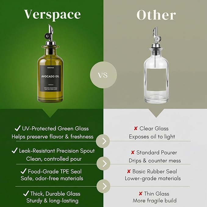 Verspace UV-Protected Green Glass Olive Oil Dispenser Bottles For Kitchen - 2 Pack - 12oz Includes 40 Kitchen Essential Labels, Avocado Oil Dispenser Set, Modern Decor for Home, Airbnb, Cafe