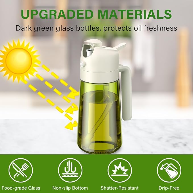 Vakoo Oil Sprayer for Cooking, 2 in 1 Oil Dispenser for Kitchen, 16oz/470ml Light-Blocking Dark Glass Olive Oil Spray Bottle, Air Fryer, Salad & BBQ (White&Green)