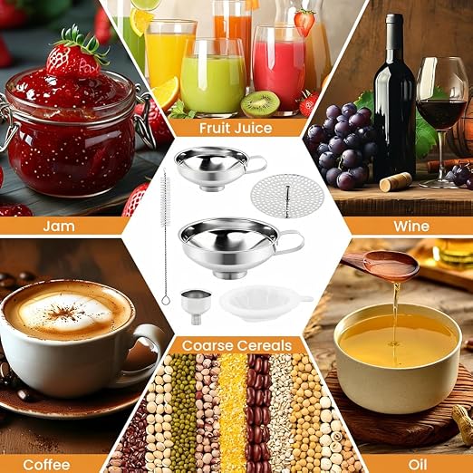 6Pcs Stainless Steel Canning Funnels Set, Wide Mouth Food Canning Funnels for Regular Mason Jar, Kitchen Large Cannin-g Supplies Kit for Filling Bottle(Color:Silver)