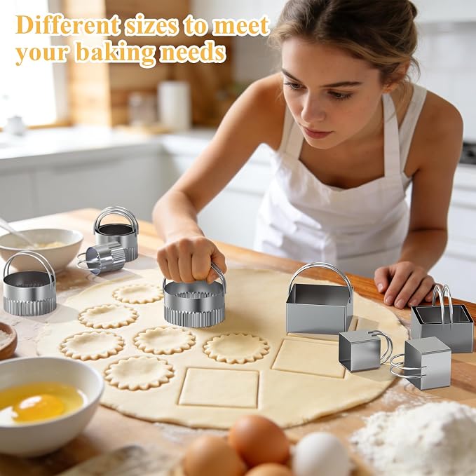 Biscuit Cutter Set of 10 pcs, Square and Fluted Cookie Cutter Set with Handle, Stainless Steel Round Biscuit Cutters, Professional Baking Dough Tools