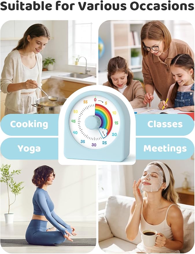 LIORQUE Visual Timer for Kids with Pause Function,Timer for Kids and Adults, Protective Case, Silent Time Management Tool, 60-Minute Countdown for Classroom, Meetings, Study, Kitchen (Rainbow Blue)