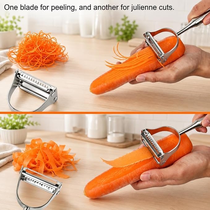 2 in 1 Vegetable Peeler, Stainless Steel Julienne Peeler, Multi-Function Design, Straight-edge blades for Peeling, Serrated blades for Julienne, for Potato Carrot Zucchini Cucumber, Kitchen Gift