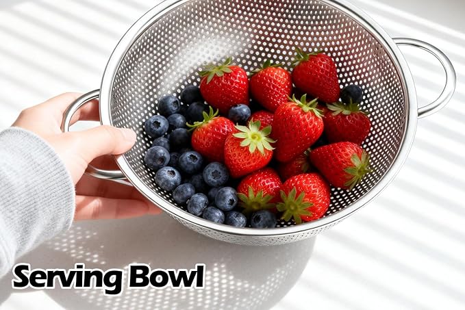 Leonyo Stainless Steel Colander Strainer for Kitchen Set of 3(1-3-5Quart) | Micro-Perforated Metal Strainers and Colanders with Handle for Kitchen Draining Pasta Rinsing,Steaming,Dishwasher Safe