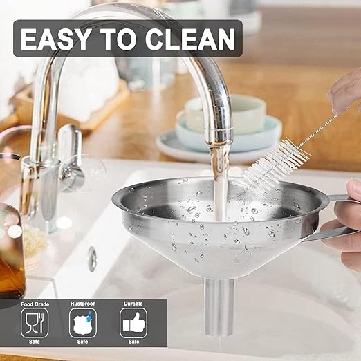 Stainless Steel Funnels for Kitchen use,5 Different Sizes of Kitchen funnels,Metal Funnel with 2 Removable Strainer,Cleaning Brush,200 Mesh Food Filter,for Transferring of Liquid,Oils,Jam