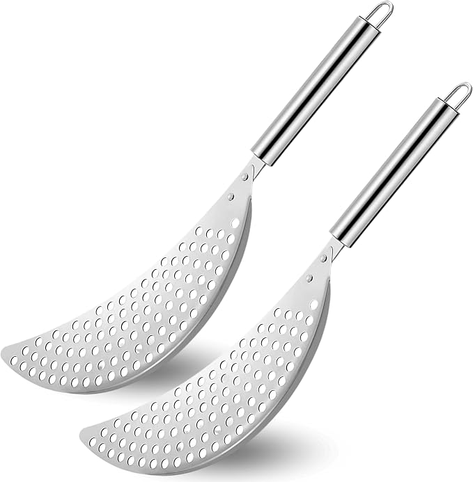 Pack of 2 Held Crescent Drainer Pan Pot Strainer with Handle Stainless Steel Hand for Spaghetti Fry Noodles Fruit Vegetable Pasta Strainer Colander Heavy Duty Food Drainers