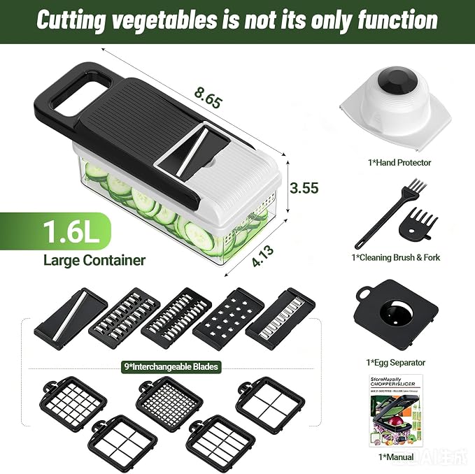 StoreHappily 12-in-1 Vegetable Chopper, 10 Blades Veggie Chopper with Container and Lid, Dicer, Slicer, Multifunctional Kitchen Gadgets, Vegetable Cutter with Handle, Onion Cutter(Black/White)