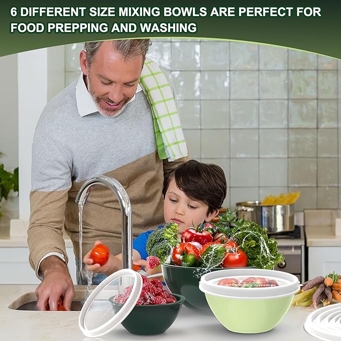 Greentainer Plastic Mixing Bowls with Lids Set for Kitchen, 6 Set Nesting Bowls for Mixing, Baking, Prepping, Cooking and Serving Food, Mixing Bowls Dishwasher, Microwave Safe
