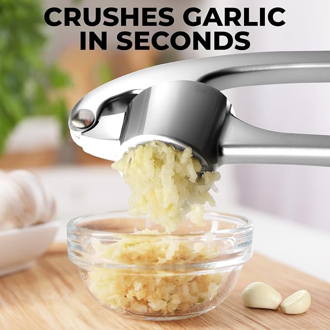 Zulay Kitchen Large Premium Garlic Press Set - Bigger Bowl for Bigger Garlic - Rust Proof Garlic Mincer Tool - Easy-Squeeze, Easy-Clean Silicone Garlic Peeler & Brush (Chrome)