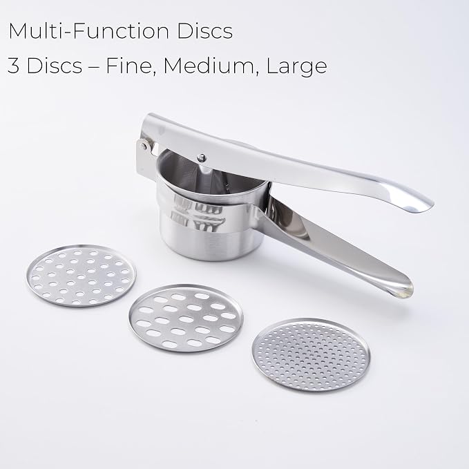 Stainless Steel Khuon Banh Lot Press – Multi-Purpose Potato Ricer, Cendol Maker, Spaetzle Press – Heavy-Duty Manual Food Strainer with 3 Interchangeable Discs for Rice, Vegetables, and Dough
